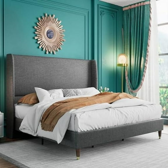VanAcc King Platform Bed Frame 51.2" High Headboard Linen Tall Upholstered Bed/No Box Spring Required/Wood Slat Support/Easy Assembly Dark Grey