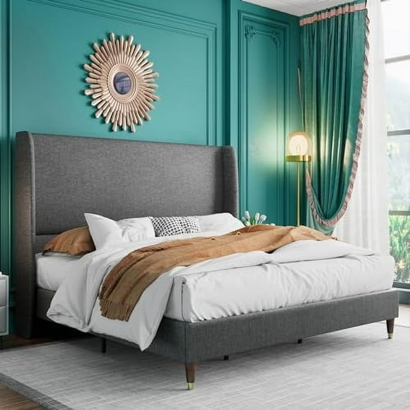VanAcc King Platform Bed Frame 51.2" High Headboard Linen Tall Upholstered Bed/No Box Spring Required/Wood Slat Support/Easy Assembly Dark Grey