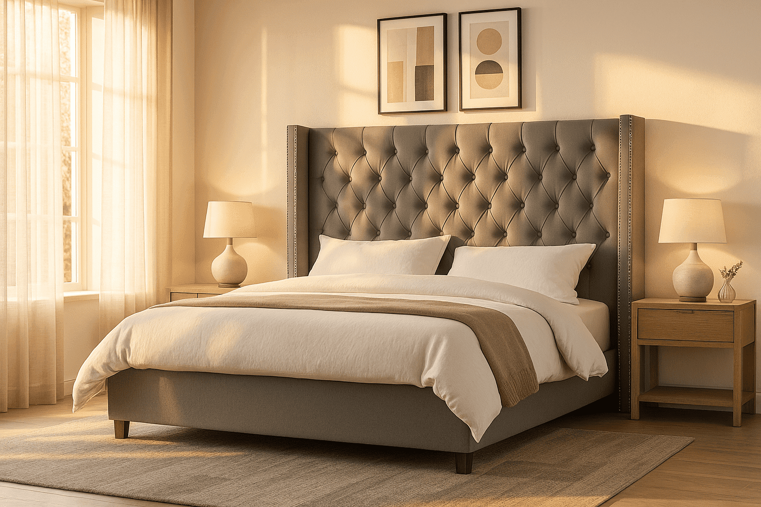 VanAcc King Platform Bed Frame 61.4" Handmade Headboard,Velvet Tall Upholstered Deep Button Tufted,Gray