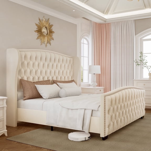 VanAcc King Platform Bed Frame with Wingback Headboard, Cream