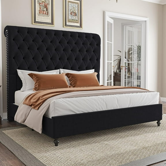 VanAcc King Size Bed Frame, 60" Tall Sleigh Headboard Bed with Velvet Upholstered Platform, Black