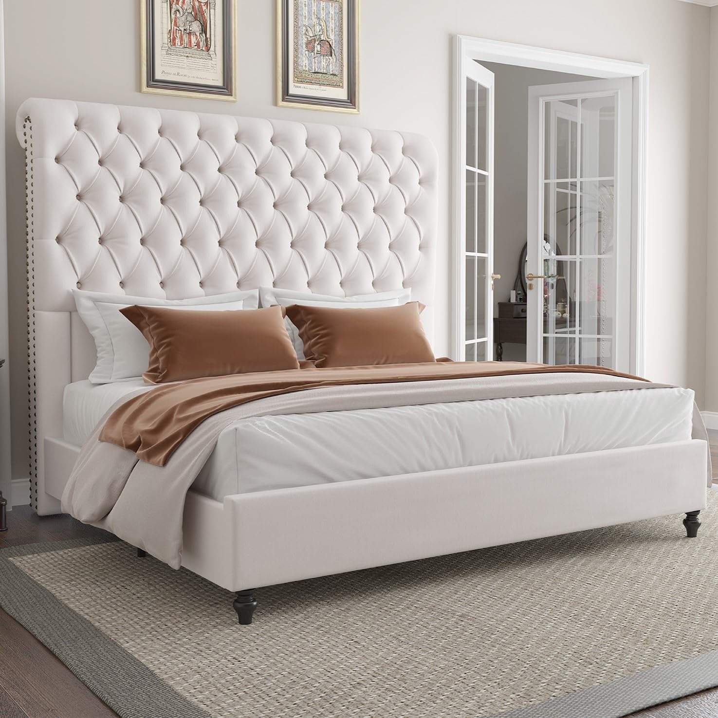 VanAcc King Size Bed Frame, 60" Tall Sleigh Headboard Bed with Velvet Upholstered Platform, Cream