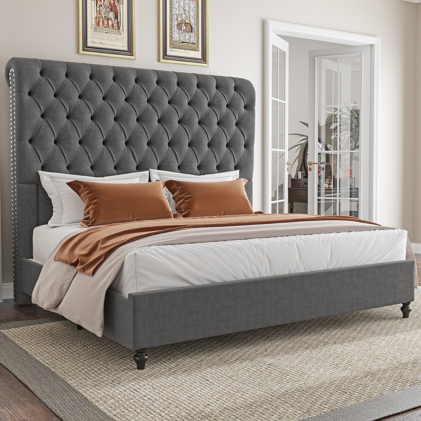 VanAcc King Size Bed Frame, 60" Tall Sleigh Headboard Bed with Velvet Upholstered Platform, Gray
