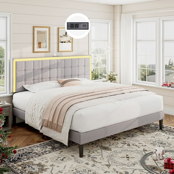 VanAcc King Size Bed Frame with LED Headboard, Linen Button Tufted Upholstered Platform Bed with USB Charging Station, Slats Support, Light Grey