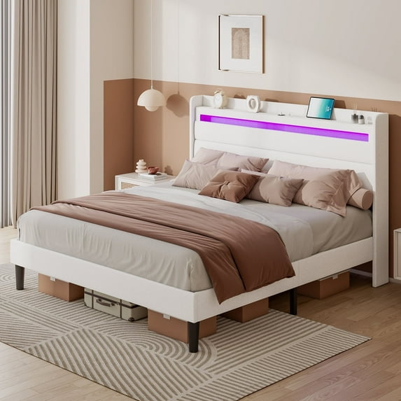 VanAcc King Size Bed Frame with RGBW LED Light & Charging Station, 50" High Linen Upholstered Platform Bed with 2-Tier Storage Headboard, White