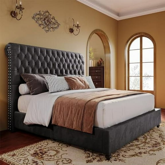 VanAcc King Size Bed Frame Upholstered Bed Frame King with 52.8"Tall Headboard/Dark Grey