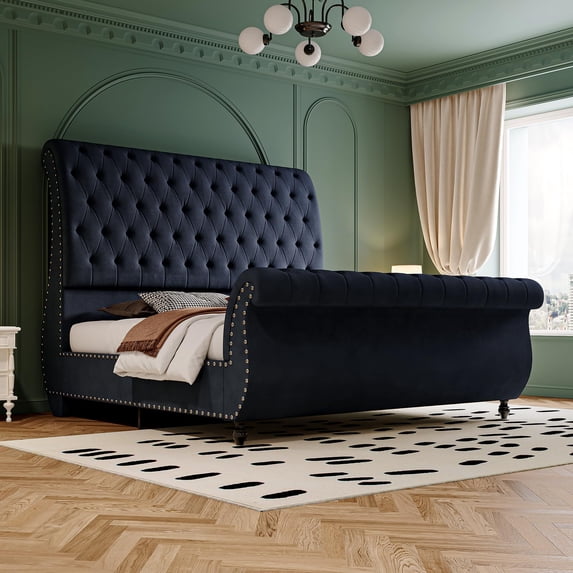 VanAcc King Size Bed Frame, Velvet Upholstered Platform Sleigh Bed With Scroll Headboard & Footboard, Button Tufted, No Box Spring Needed, Black