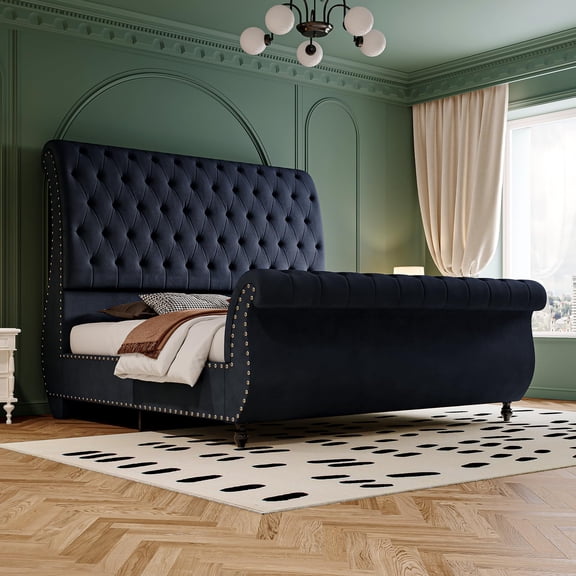 VanAcc King Size Bed Frame, Velvet Upholstered Platform Sleigh Bed With Scroll Headboard & Footboard, Button Tufted, No Box Spring Needed, Black