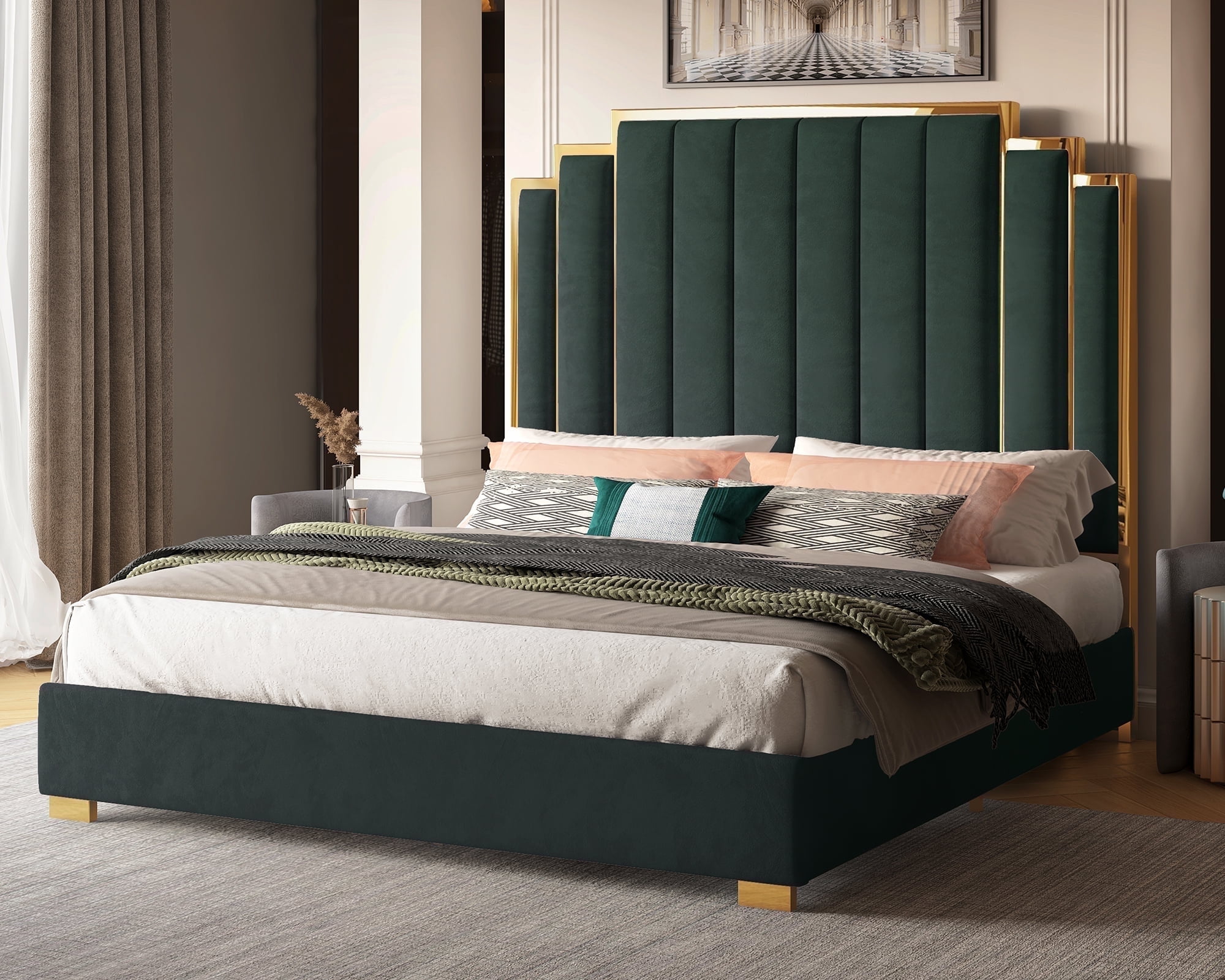 VanAcc King Size Bed Frame and 65" Headboard, Upholstered Bed with Golden Plating Trim, Green
