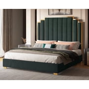 VanAcc King Size Bed Frame and 65" Headboard, Upholstered Bed with Golden Plating Trim, Green