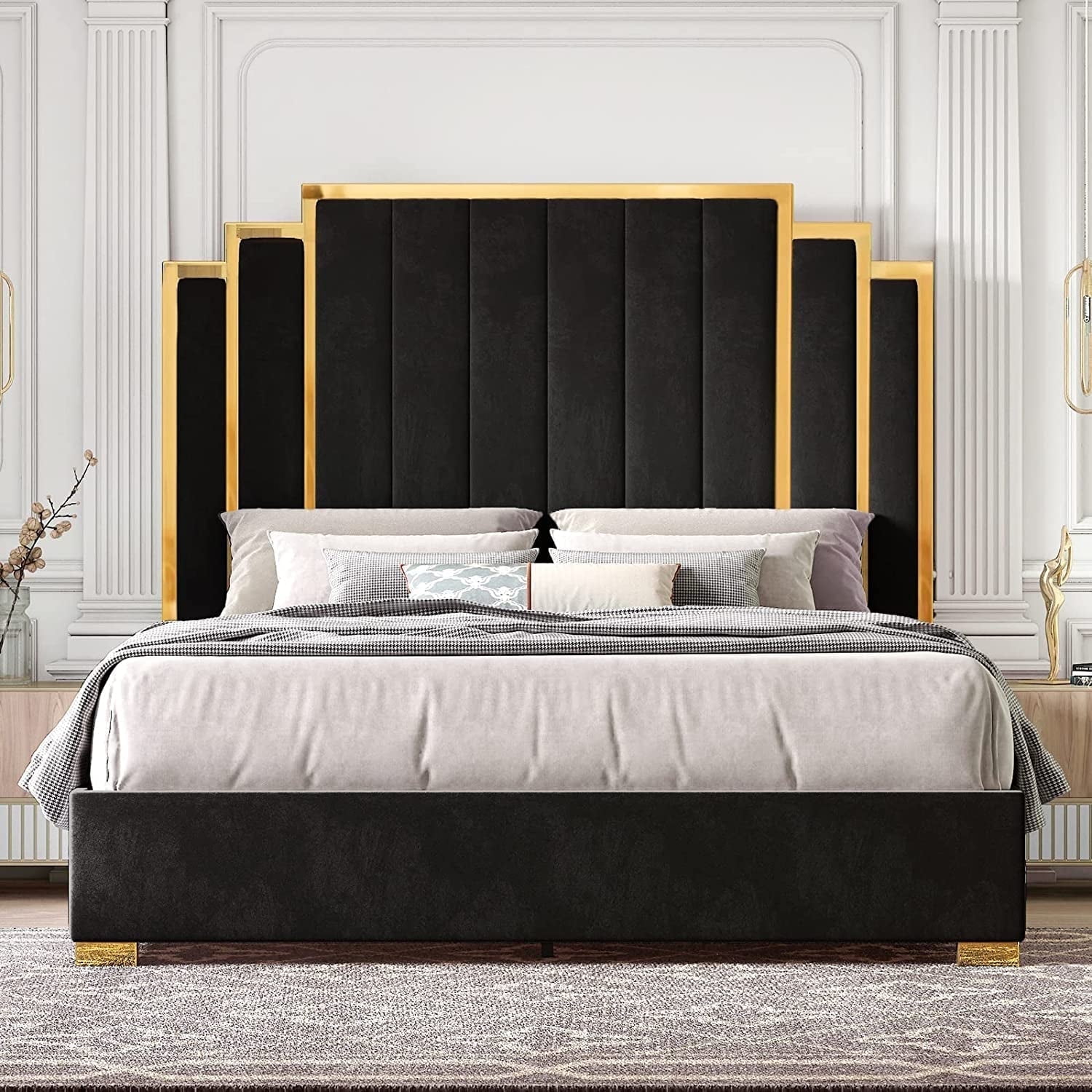 The Coupon deal of  Walmart Black Friday Deals 2025 HOWE Tall King Size Bed Frame and Headboard, Black Upholstered Bed with Golden Trim