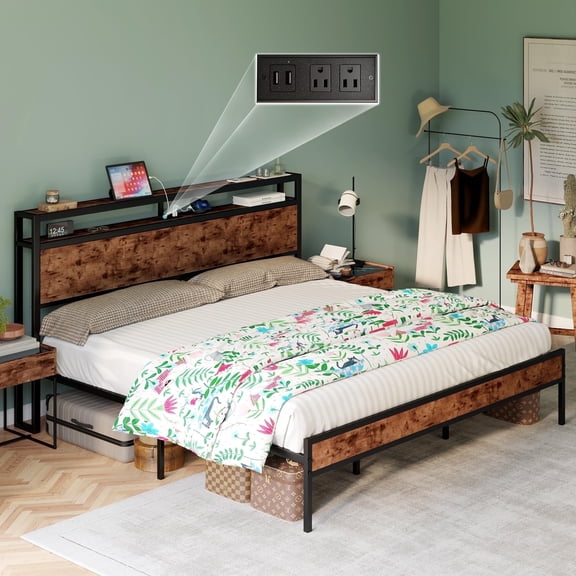 VanAcc King Size Bed Frame with 2-Tier Storage Headboard and Charging Station, Rustic Brown