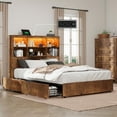 thumbnail image 1 of VanAcc King Size Bed Frame with LED Bookcase Headboard, Wooden Storage Bed with Charging Station & 4 Drawers, Rustic Brown, 1 of 9