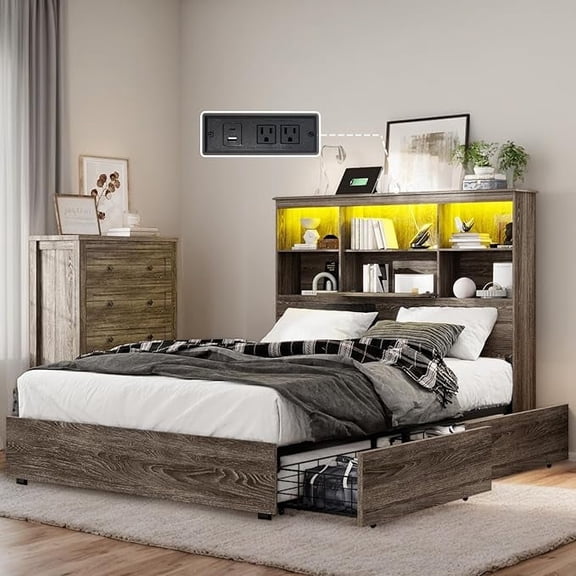 VanAcc King Size Bookcase Bed Frame with LED Headboard and 4 Drawers, Farmhouse Wood Storage Bed with Charging Station, Rustic Grey