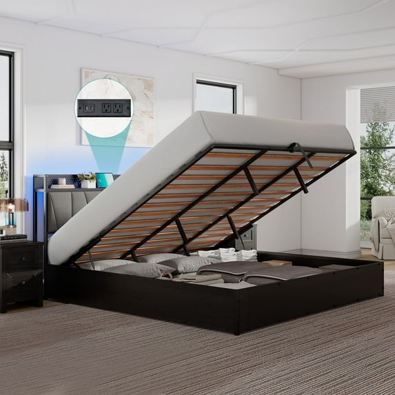 VanAcc King Size Lift up Storage Bed Frame with LED Lights, Black