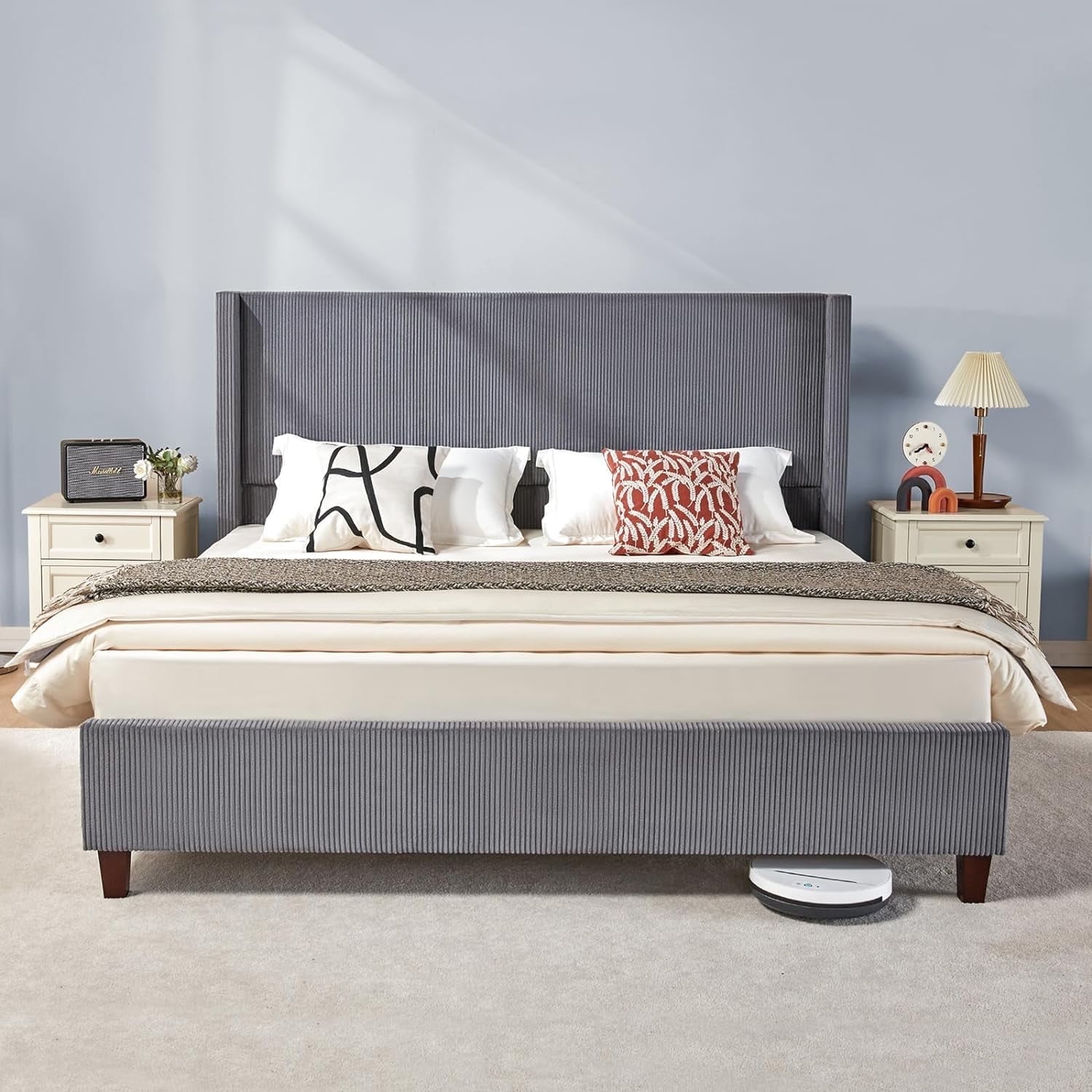 VanAcc King Size Platform Bed Frame, 50.8" Corduroy Upholstered Bed with Vertical Channel Tufted Headboard/Wooden Slats/Wingback, Grey