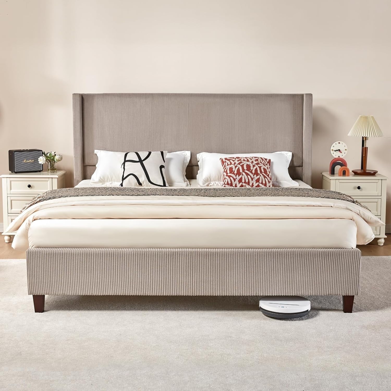 VanAcc King Size Platform Bed Frame, 50.8" Corduroy Upholstered Bed with Vertical Channel Tufted Headboard/Wooden Slats/Wingback, Taupe