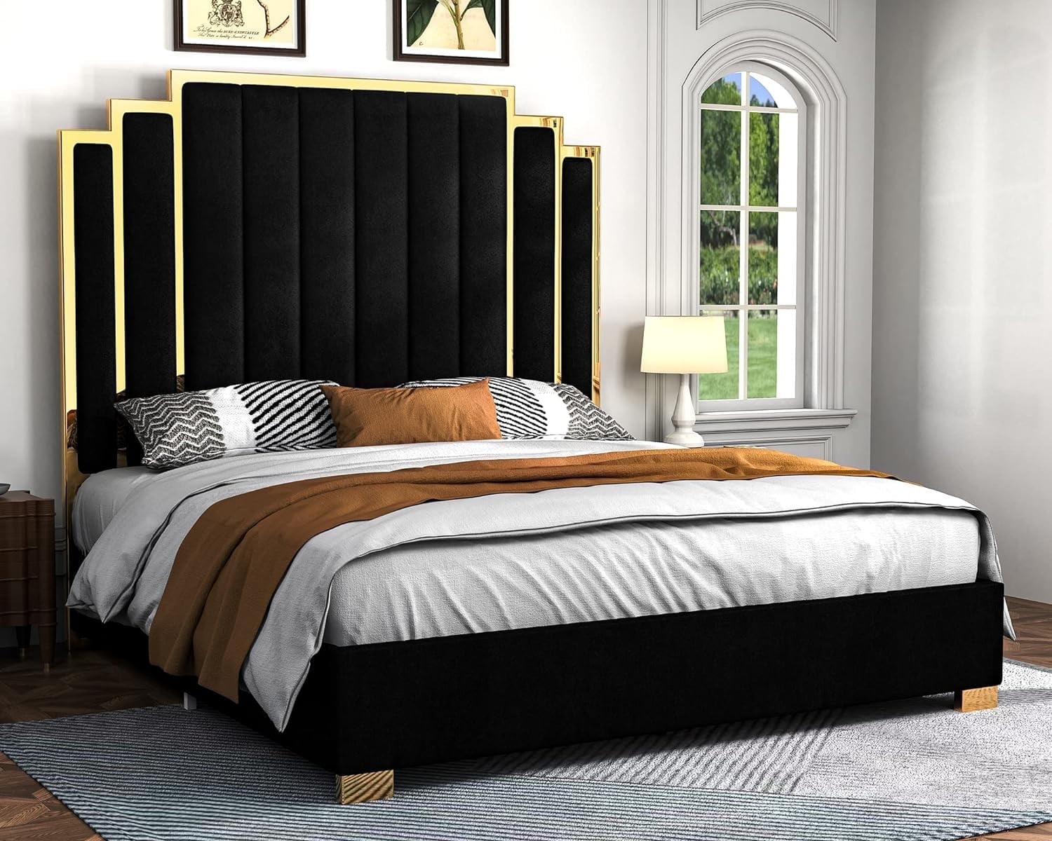VanAcc King Size Platform Bed Frame, 61.4" Velvet Upholstered Bed: with Gold Trim Headboard/Wooden Slats/No Box Spring Needed/Black
