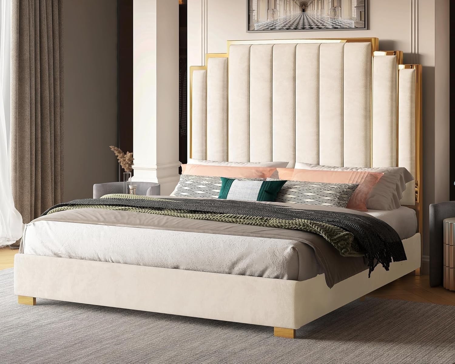 VanAcc King Size Platform Bed Frame, 61.4" Velvet Upholstered Bed: with Gold Trim Headboard/Wooden Slats/No Box Spring Needed/Cream