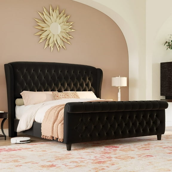 VanAcc King Size Platform Bed Frame, Chenille Upholstered Sleigh Bed, Black