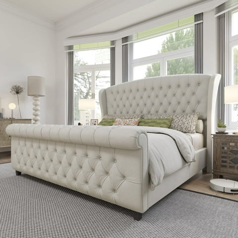 VanAcc King Size Platform Bed Frame, Chenille Upholstered Sleigh Bed Frame with Scroll Wingback Headboard & Footboard/Button Tufted/Cream