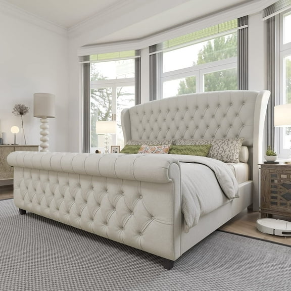 VanAcc King Size Platform Bed Frame, Chenille Upholstered Sleigh Bed with Scroll Wingback Headboard & Footboard/Button Tufted/Cream