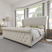 VanAcc King Size Platform Bed Frame, Chenille Upholstered Sleigh Bed Frame with Scroll Wingback Headboard & Footboard/Button Tufted/Cream