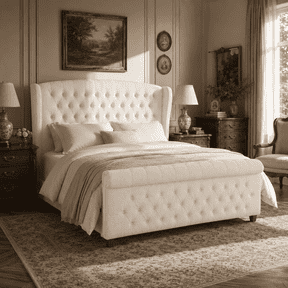 VanAcc King Size Platform Bed Frame, Chenille Upholstered Sleigh Bed Frame with Scroll Wingback Headboard & Footboard/Button Tufted/Cream