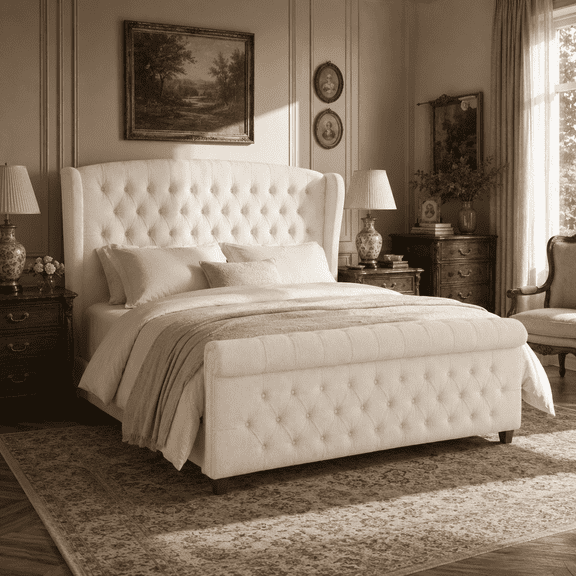VanAcc King Size Platform Bed Frame, Chenille Upholstered Sleigh Bed Frame with Scroll Wingback Headboard & Footboard/Button Tufted/Cream