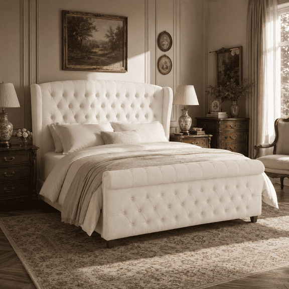 VanAcc King Size Platform Bed Frame, Chenille Upholstered Sleigh Bed Frame with Scroll Wingback Headboard & Footboard/Button Tufted/Cream