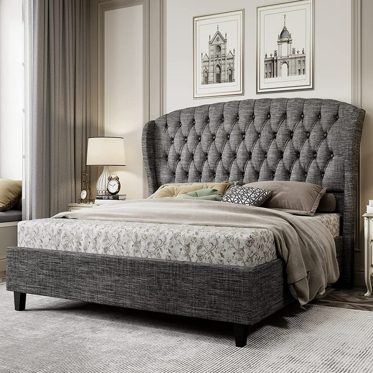 PaPaJet King Size Bed Frame, Upholstered in Linen with