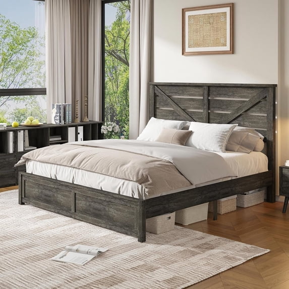 VanAcc King Size Platform Bed Frame with Wood Grain Headboard, Farmhouse Bed Frame with Storage/No Box Spring Needed/Noisy Free/Easy Assembly/Grey