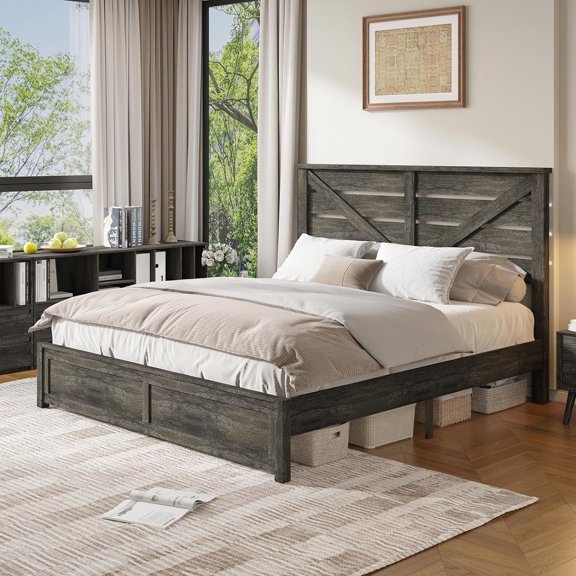 VanAcc King Size Platform Bed Frame with Wood Grain Headboard, Farmhouse Bed Frame with Storage/No Box Spring Needed/Noisy Free/Easy Assembly/Grey