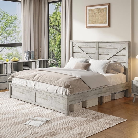 VanAcc King Size Platform Bed Frame with Wood Grain Headboard, Farmhouse Bed Frame with Storage/No Box Spring Needed/Noisy Free/Easy Assembly/White