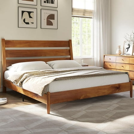 VanAcc King Size Solid Wood Bed Frame, Platform Beds with 45"H Headboard, Easy Assembly, Caramel