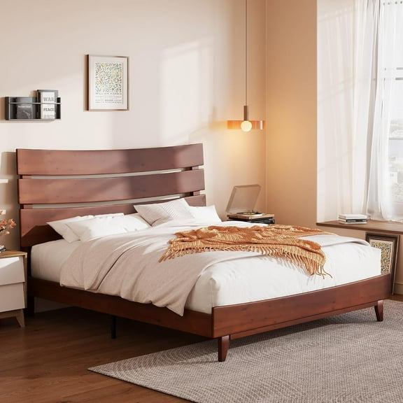 VANACC King Size Solid Wood Bed Frame Platform with Wooden Headboard,Walnut