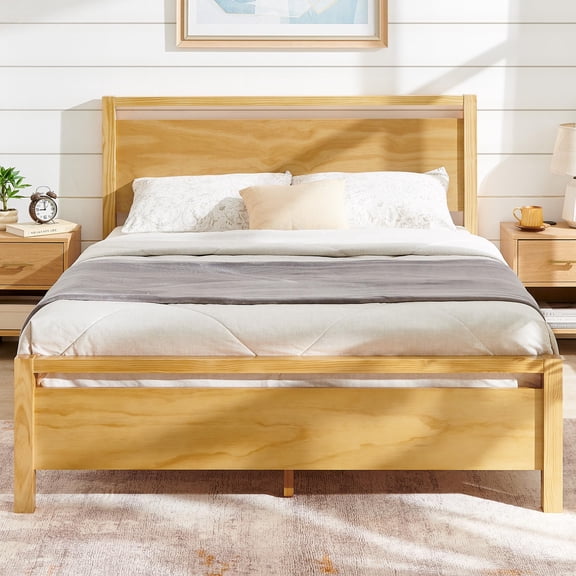 VANACC Queen Size Solid Wood Bed Frame with Headboard, Minimalist Platform Bed with Wood Slats Support, Easy Assembly, Noise-Free, Natural
