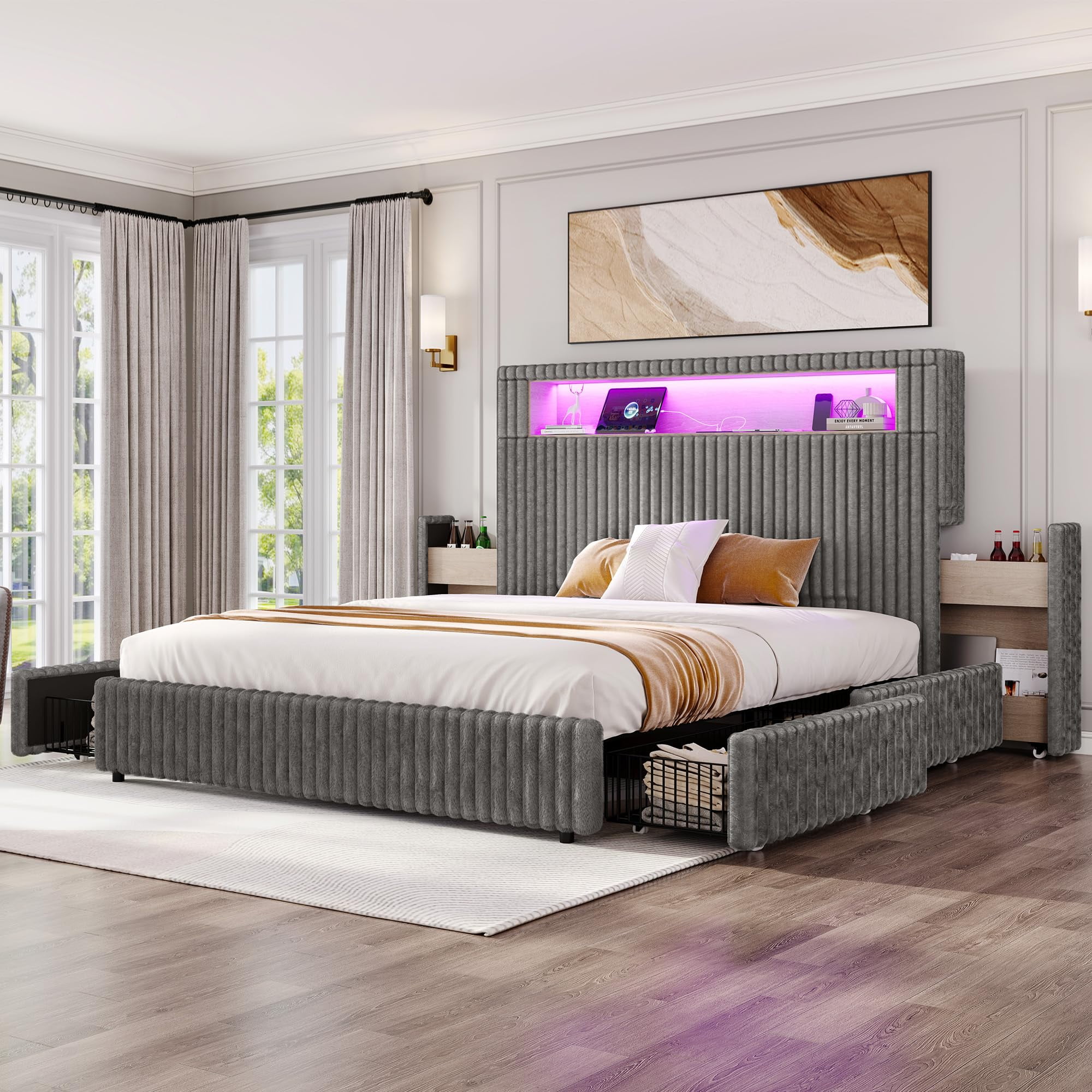 VanAcc King Size Storage Bed Frame with 51.2" Tall Upholstered Headboard, Built-in 6 Drawers & Bookcase, USB Ports & RGB LED Lights, Grey