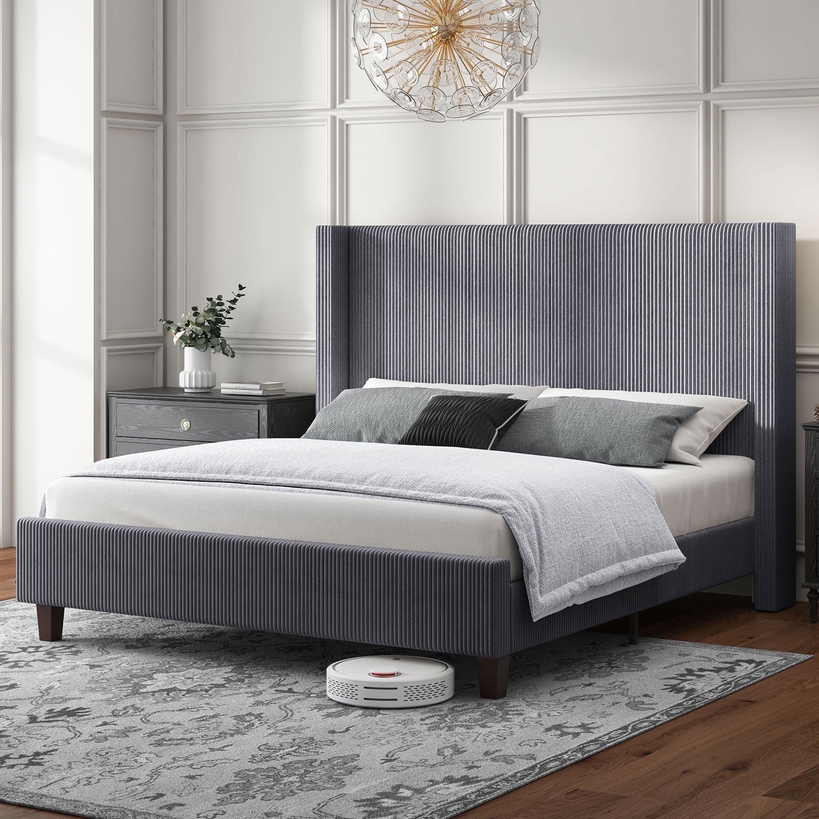 VanAcc King Size Upholstered Platform Bed Frame, Wingback Bed with 50.8" Headboard, Corduroy