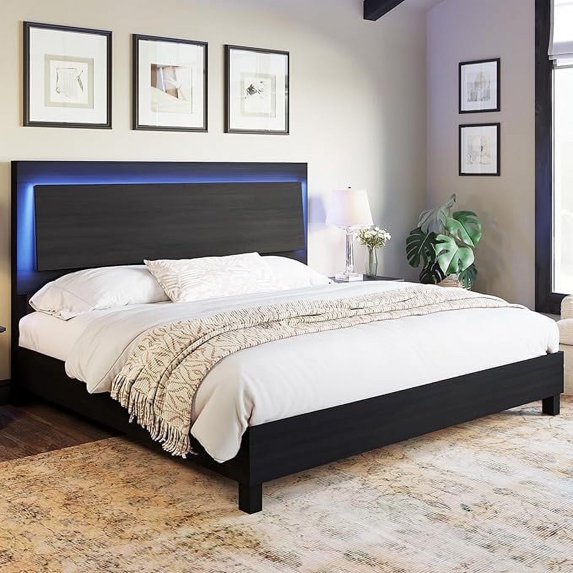 VanAcc King Size Wood Bed Frame with RGBW LED Light, Mid-Century Platform Bed with Floating Headboard and Solid Wood Legs, Easy Assembly, Black