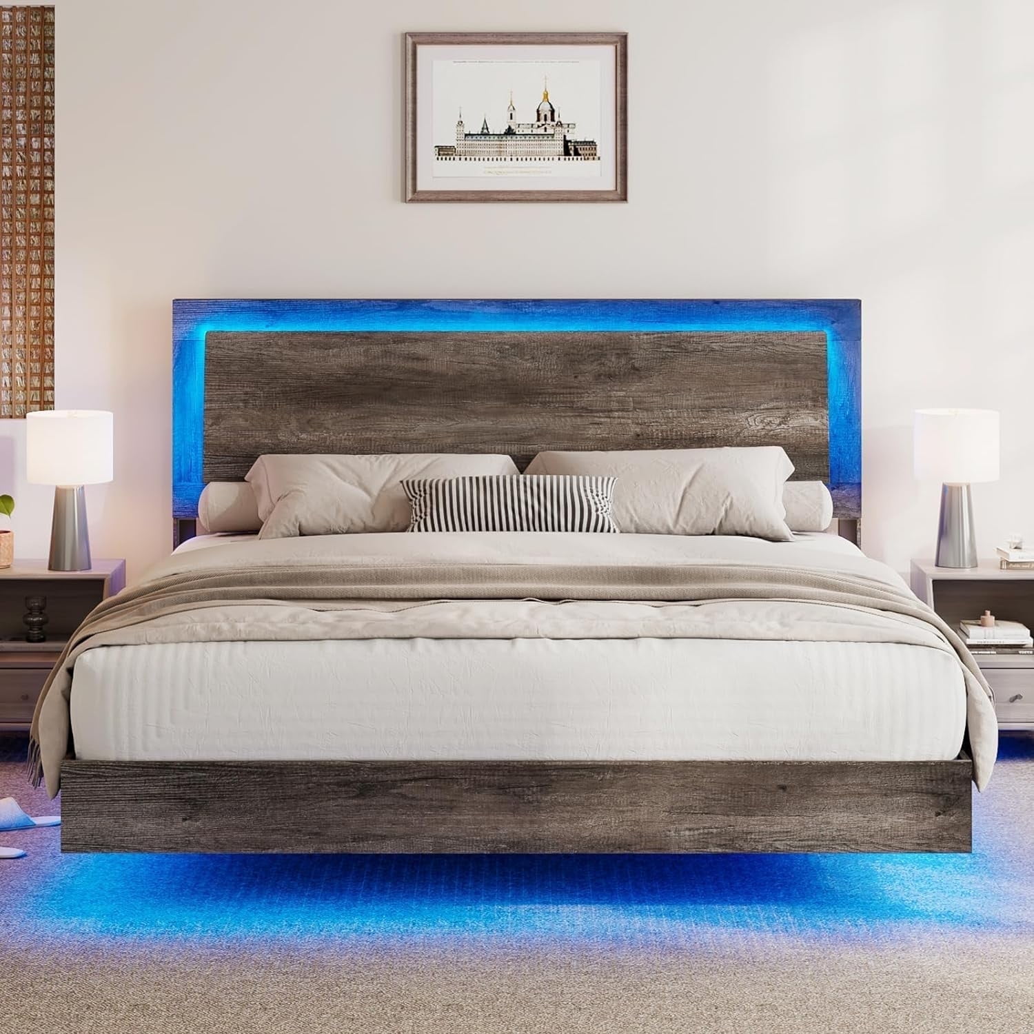 VanAcc King Size Wood Floating Bed Frame with Headboard & LED Light, Wooden Platform Bed Frame with Slats Support, Easy Assembly, Rustic Grey