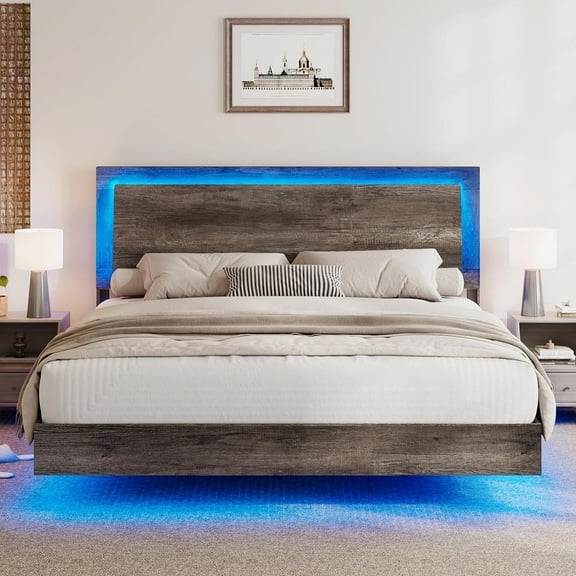VanAcc King Size Wood Floating Bed Frame with Headboard & LED Light, Wooden Platform Bed Frame with Slats Support, Easy Assembly, Rustic Grey