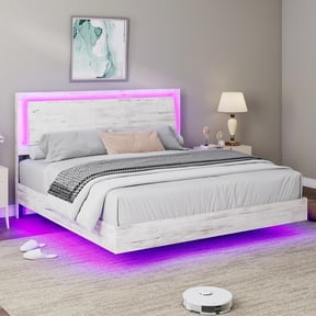 VanAcc King Size Wood Floating Bed Frame with Headboard & LED Light, Wooden Platform Bed Frame with Slats Support, Easy Assembly, White Birch