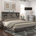 thumbnail image 1 of VanAcc King Size Wooden Platform Storage Bed Frame with 51.2" Wood Bookcase Headboard(Rustic Grey), 1 of 7