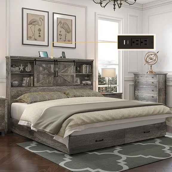 VanAcc King Size Wooden Platform Storage Bed Frame with 51.2" Wood Bookcase Headboard(Rustic Grey)