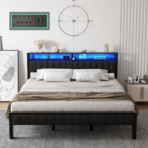VanAcc King Sturdy Bed Frame with 2 Storage Drawers & LED, Rustic Brown