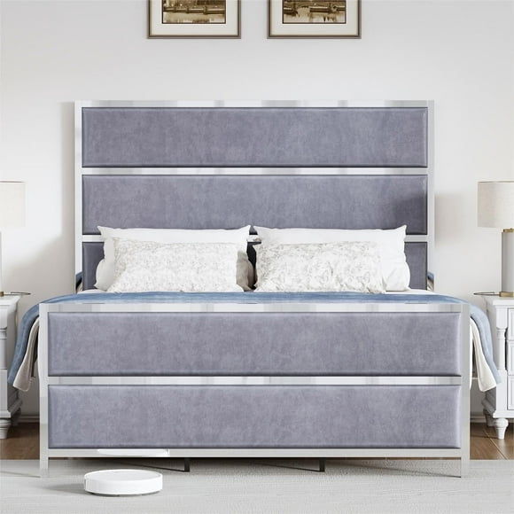 VanAcc King Upholstered Bed Frame with 59" Tall Headboard & Footboard/Light Grey