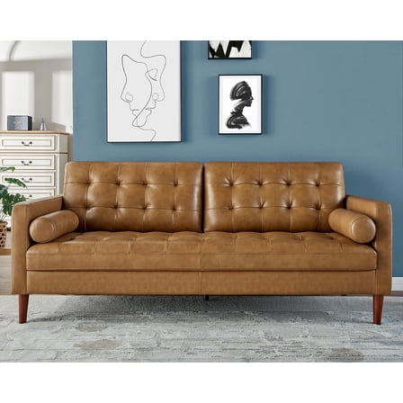 VANACC Leather Sofa,Mid-Century Modern Genuine Leather Sofa,3 Seater Comfy Couch for Living Room Home Office-Brown Leather Sofa Couch