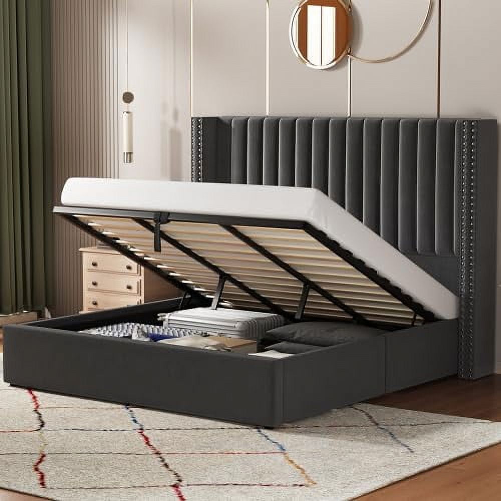 VanAcc Lift up Storage Bed Frame King Size, Upholstered Platform Bed Velvet with Channel Tufted Wingback Headboard, No Box Spring Needed, Gray