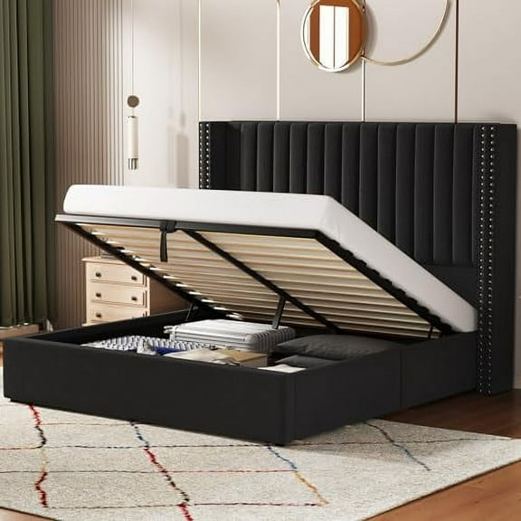 VanAcc Lift up Storage Bed Frame Queen Size, Upholstered Platform Bed Velvet with Channel Tufted Wingback Headboard, No Box Spring Needed, Black